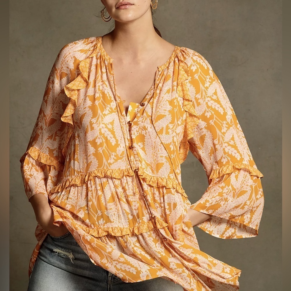 Anthropologie Mia Tiered Ruffle Tunic, Orange and Cream Floral, Button Up sz Med
